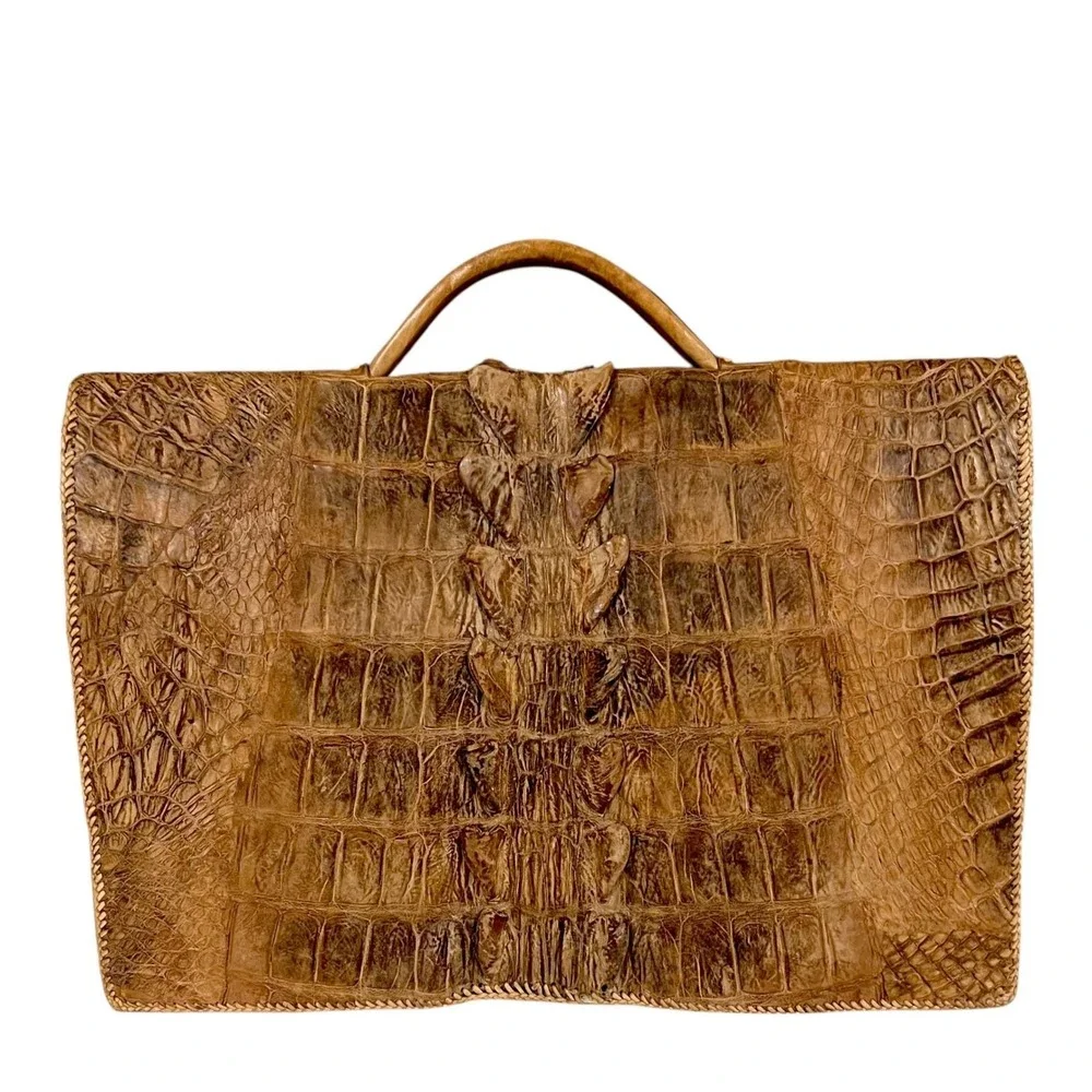 Vintage Alligator Crocodile Skin Briefcase Brown Exotic Leather‎ Lizard Trim